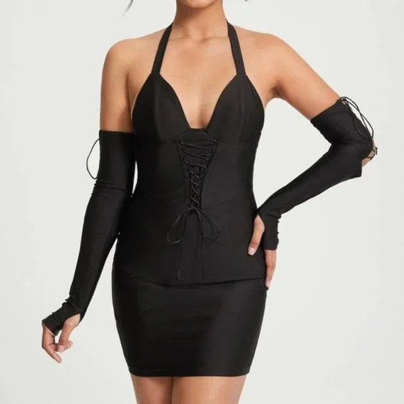 SHEIN | Dresses | Black Lace Up Front Halter Neck Backless Bodycon Dress W  Gloves Size S Nwot | Poshmark